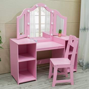 Whizmax 2 in 1 Wooden Princess Makeup Desk Dressing Table, Kids Vanity with Mirror, Light,Stool & Drawer