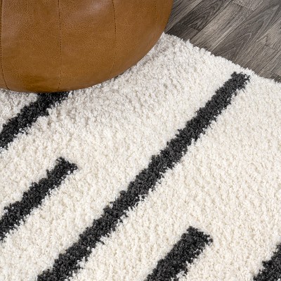 Alaro White and Gray Striped Shag Area Rug