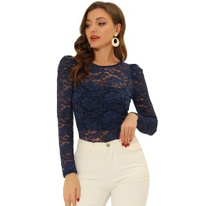 INSPIRE CHIC Women's Vintage Semi-Sheer Puff Long Sleeve Embroidery Lace Floral Blouse - 1 of 4