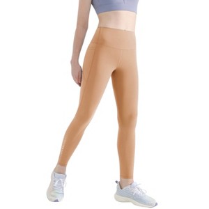 Slickblue Women's Yoga Leggings, High Waist Skinny Fit, Side Pockets, Reflective Detail, Peach Color, Size S-L - 1 of 4