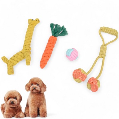 Alilang Dog Rope Toy Set Four Durable Chew Toys with Giraffe Carrot and Ball Designs for Small to Medium Dogs, 4 Pack