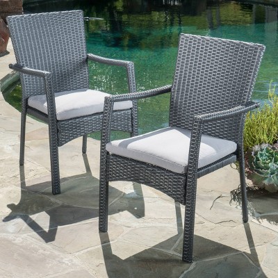 Gray Wicker Outdoor Dining Chair Set with Cushions