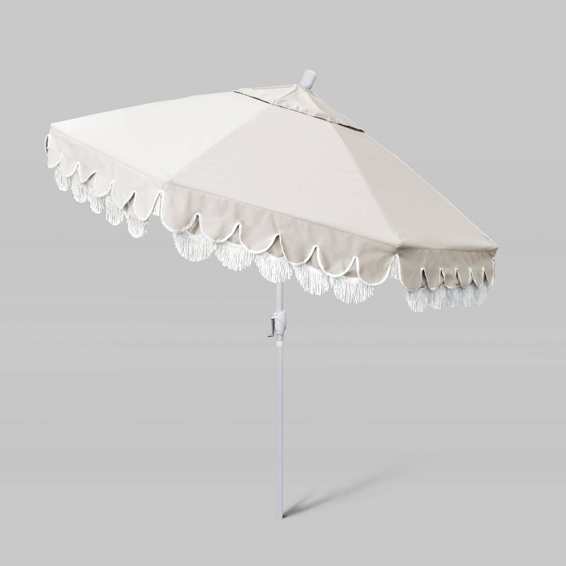 9' Sunbrella Scallop Base Fringe Market Patio Umbrella with Crank Lift - White Pole - California Umbrella, 3 of 5