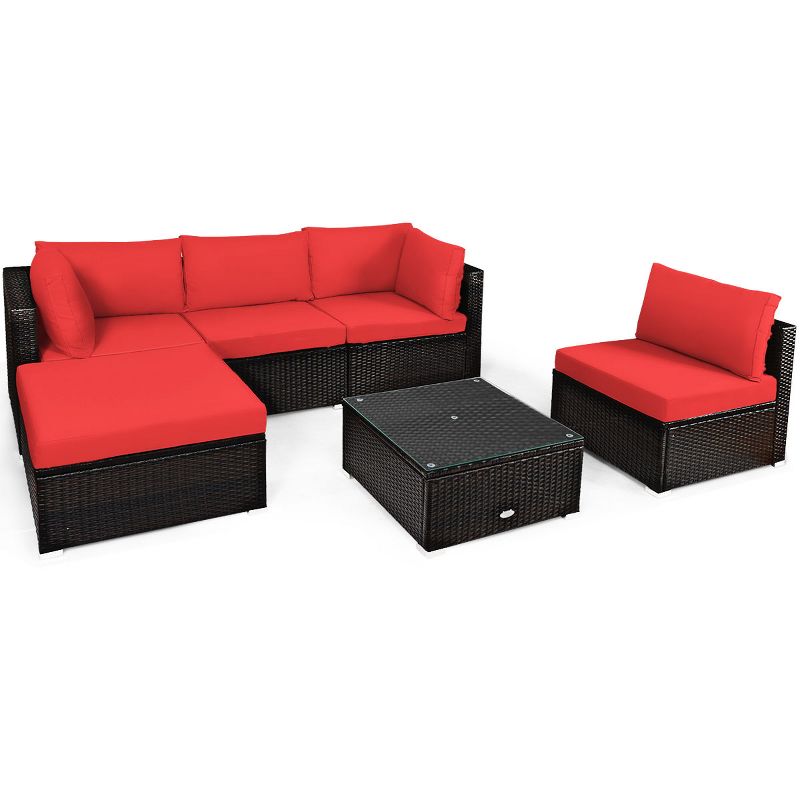 Tangkula 6PCS Patio Rattan Furniture Set Outdoor Sectional Sofa Set w/Coffee Table & Ottoman Black/Navy/Turquoise/Red/Brown, 1 of 7