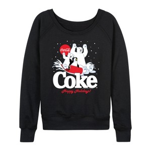 Women's - Coca-Cola - Happy Holidays Sledding- Women's French Terry Long Sleeve Pullover Lightweight French Terry Wide Neck Long Sleeve Graphic Shirt - 1 of 4