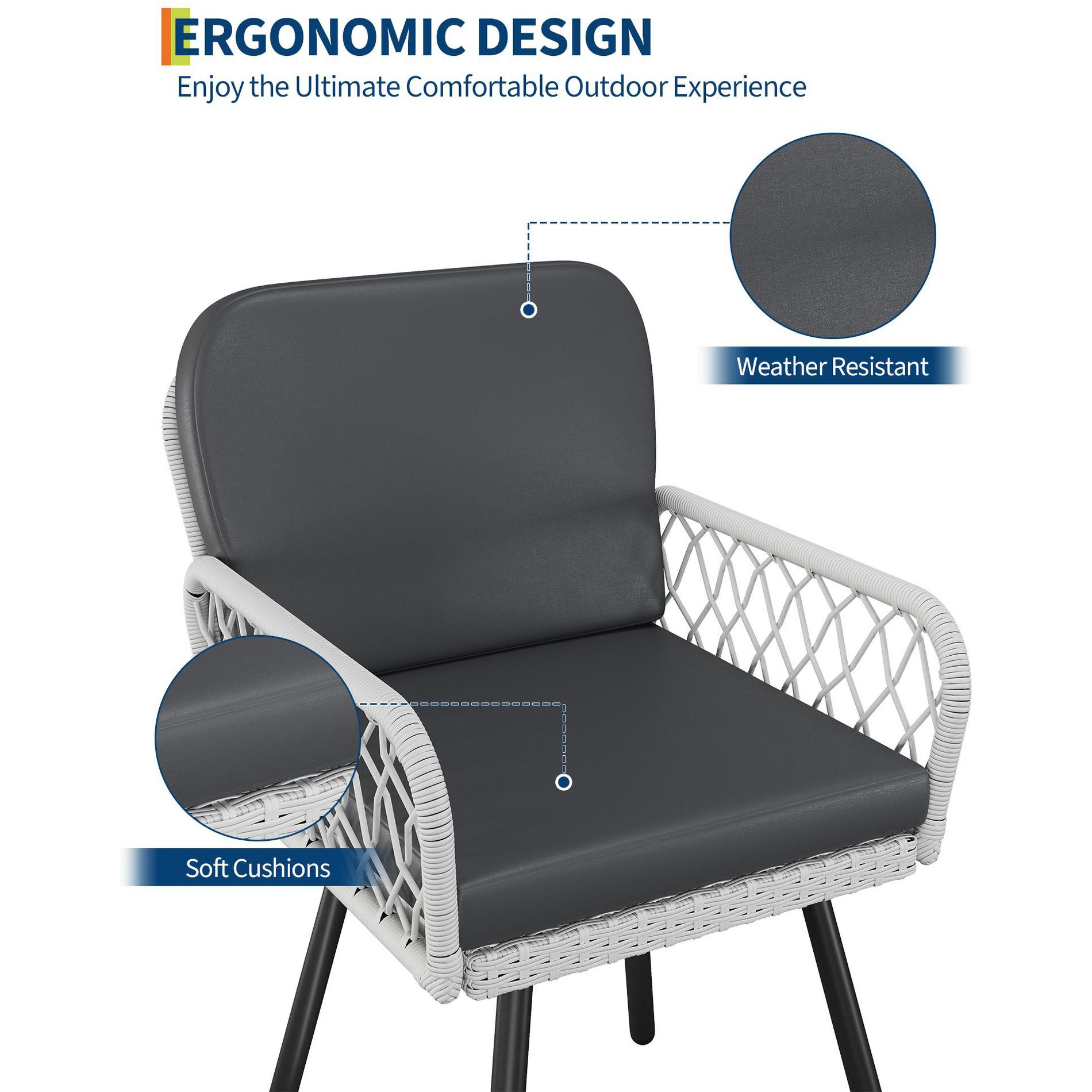 Patio Dining Chairs Set of 4 with Black Metal Frame & White Hand