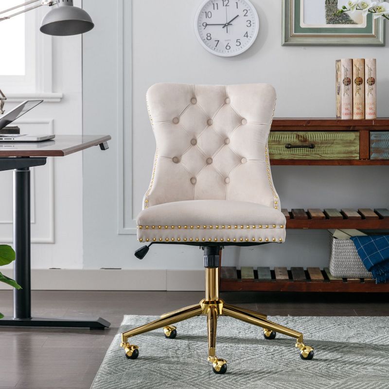 Swivel Furniture Office Chair, Adjustable Desk Ergonomic Chair, Velvet Upholstered Tufted Button Home Office Chair with Golden Metal Base-The Pop Home, 1 of 10