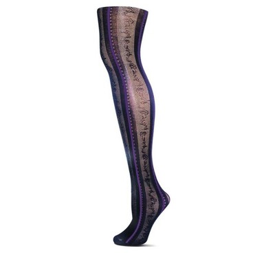Memoi Linear Fashion Cascading Vine Opaque Tights Plum Perfect-Black M-L