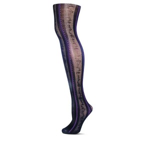 Memoi Linear Fashion Cascading Vine Opaque Tights Plum Perfect-Black M-L - 1 of 2
