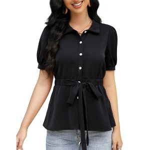 Women's Short Sleeve Button Down Shirts Casual Tie Waist Peplum Top Lapel V Neck Ruffle Hem Belted Work Blouse - 1 of 4