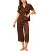 cheibear Women's Soft Satin Button Down with Capri Pants Lounge Pajama Set - 2 of 4
