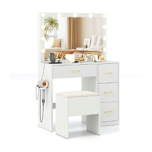 Resenkos Vanity Desk - Lighted Mirror, Makeup Dressing Table, Built-In Power Outlets - White - 1 of 4