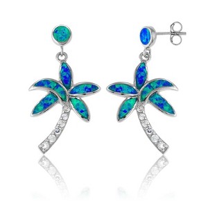 Opalata Sterling Silver Blue Inlay Opal and CZ Palm Tree Earrings - Blue - 1 of 2