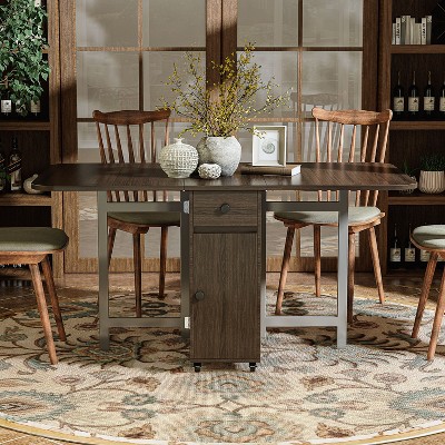 ATJafurn 58.9'' Foldable Dining Table For Small Space, Rectangular Wood Folding Extendable Kitchen Table with Drop Leaves, No Assembly Required