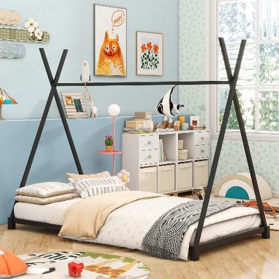 CAVINAS Minimalist Twin Size Bed Frame, Metal Bed with Triangle Structure for Children, Floor Platform Bed