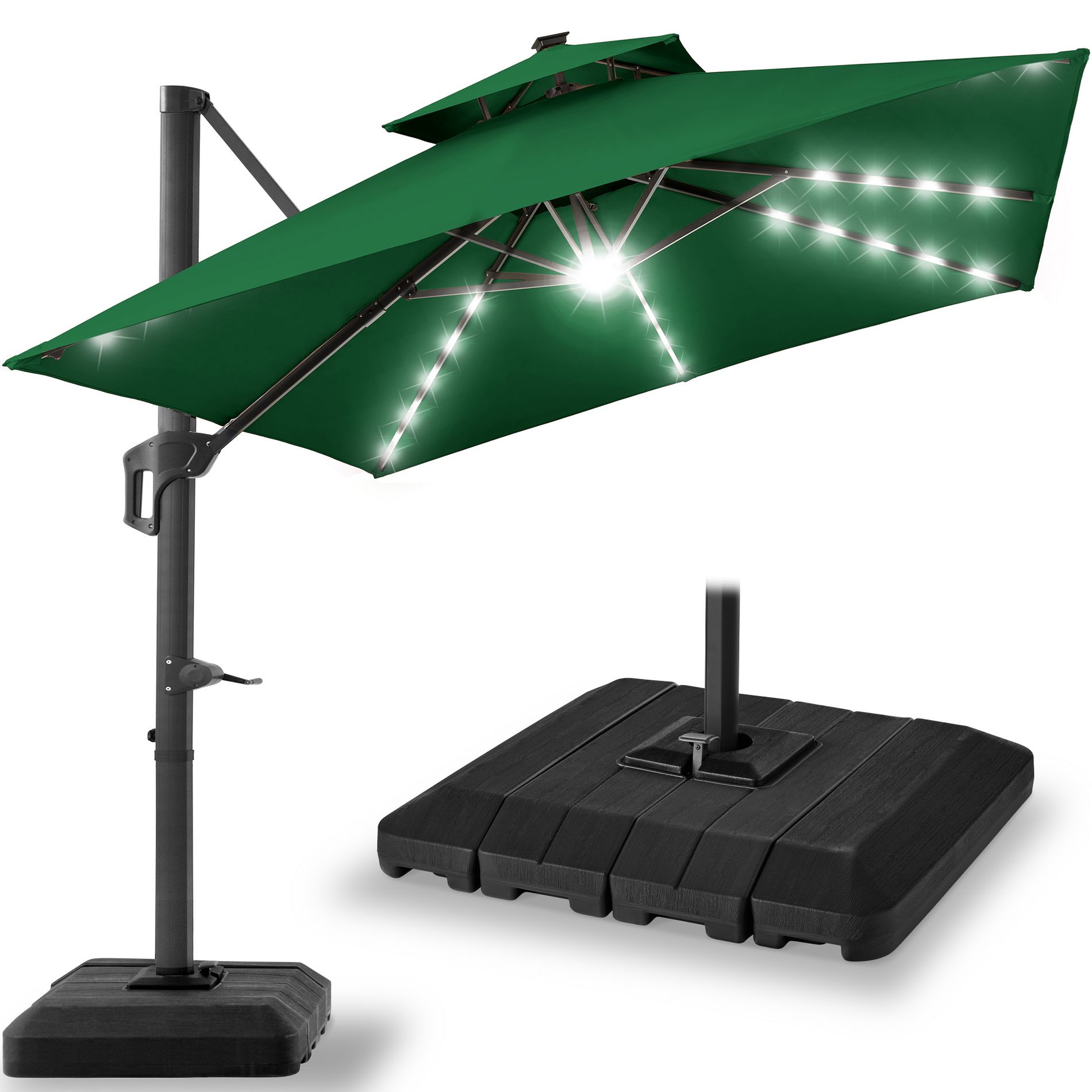 Best Choice Products 2-Tier Square Solar LED Cantilever Patio Umbrella – 10x10ft, 9x12ft, or 12x12ft w/ Base Included & 360° Rotation