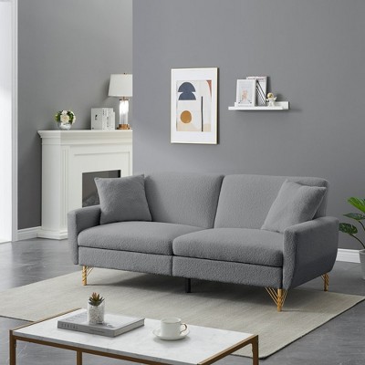 74.41 Inch Teddy Velvet Sofa Bed Futon Couch Small Lounger Sofa With Separate Adjustment Backrest 2-Seat Tufted Couch