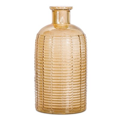 Melrose Mid Century Amber Ribbed Glass Vase 10"H