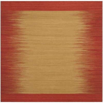 Handmade Square Red and Beige Wool Flat Woven Rug
