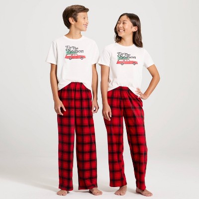 Kids' Plaid Microfleece Holiday Matching Family Pajama Pants - Wondershop™ Red/Black
