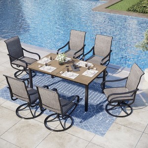 Captiva Designs 7pc Outdoor Brown Wood-look Rectangle Metal Dining Table with Umbrella Hole & Textilene Swivel Chairs - 1 of 4