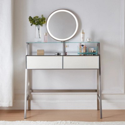 GlasFlength Modern Vanity Tables Set with Adjustable Side Cabinet, with Hollywood Lights, Drawers and Shelves, for Bedroom, White, 31.5"*19.7"*48.8"