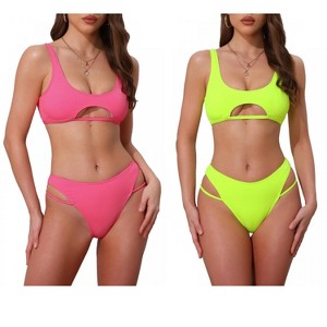 INSPIRE CHIC Women's Ribbed Scoop Neck Top Triangle Bottom Swimwear Bikini Suits 2 Sets - 1 of 4