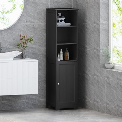 63" Tall Bathroom Linen Cabinet, Storage Tower with 2 Enclosed Shelves & 3 Open Shelves, Modern Black Freestanding Organizer for Towels & Toiletries