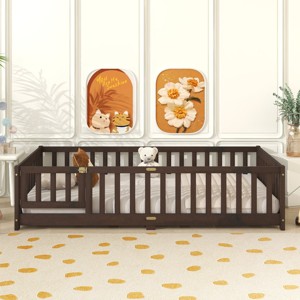 Twin Floor Bed with Fence and Door, Wood Montessori Toddler Bed for Kids, Low Platform Safety Guardrails for Transition-Baofuwish - 1 of 4