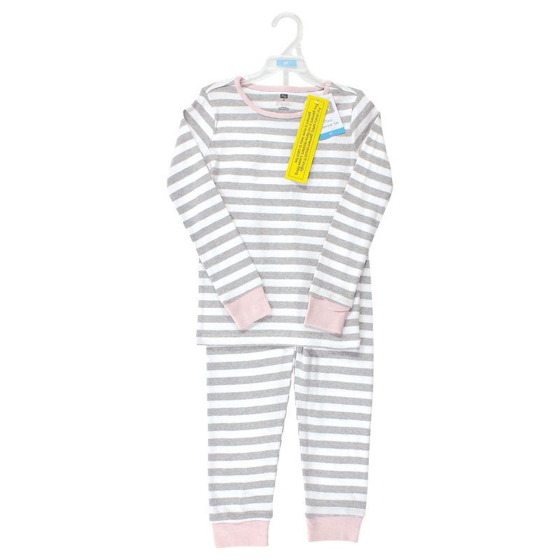 Hudson Baby Infant Girl Cotton Pajama Set, Gray Stripe Pink, 2 of 5