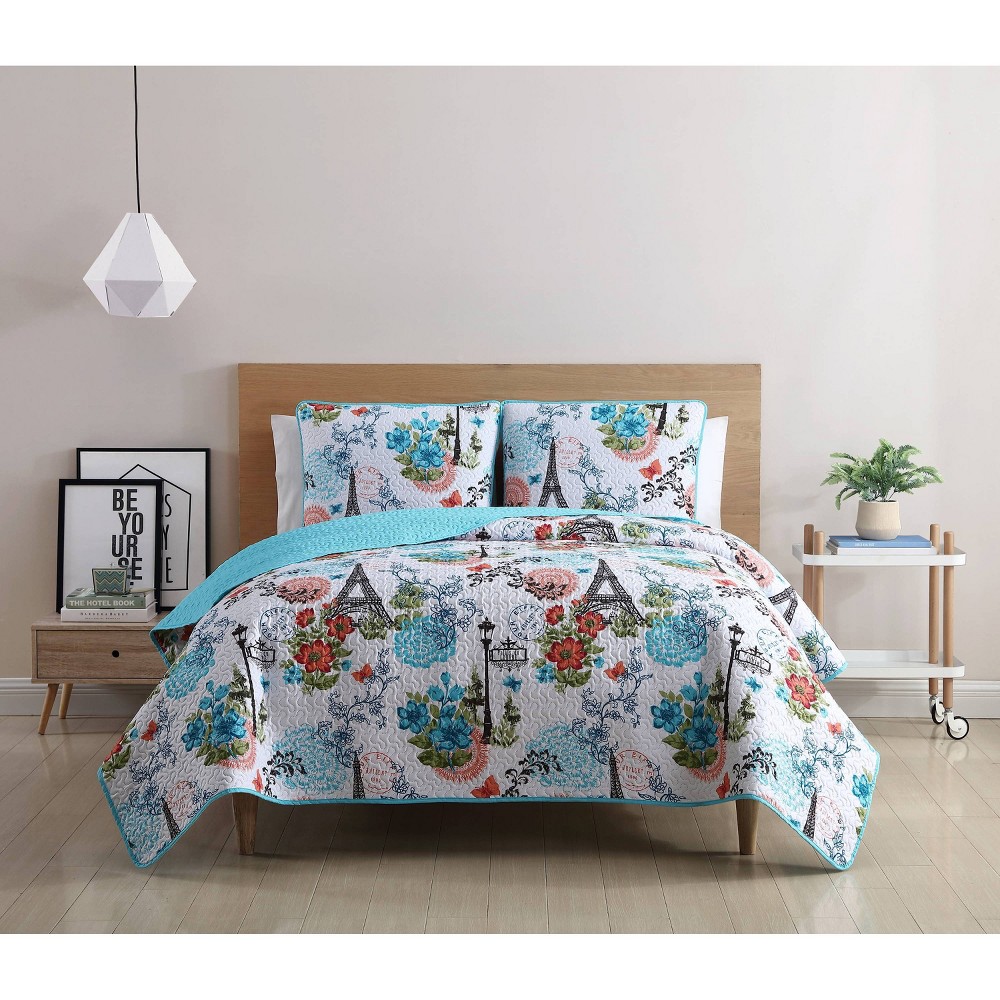 Photos - Duvet 3pc King Eifel Pinsonic Quilt Set Pink/Blue - VCNY