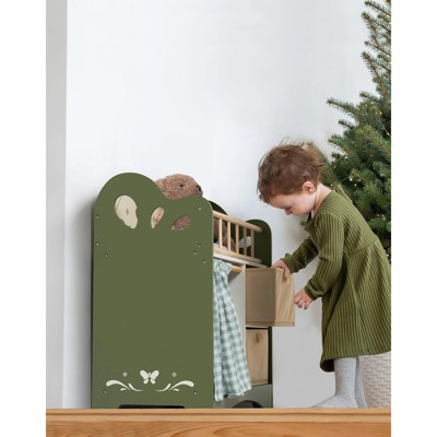 Green Wooden Doll Cradle with Storage and Bedding