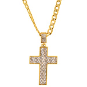Steeltime 30" Men's 18k gold plated stainless steel and simulated diamonds cross pendant - 1 of 4