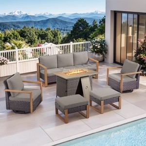 4 Pieces Patio Furniture Set with 41" Propane Fire Pit Table, Deep Seating Wicker Sofa Couch with Swivel Glider Chairs Set Patio Conversation Set - 1 of 4