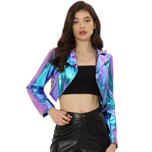 INSPIRE CHIC Women's Long Sleeve Lapel Crop Shiny Party Metallic Jacket - 1 of 4
