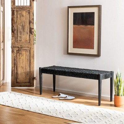 Alpine Elegance Black Cowhide Leather and Teak Bench, 47"