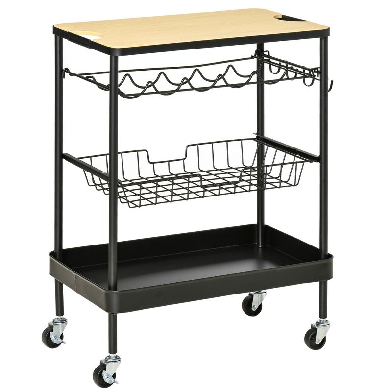 HOMCOM Rolling Kitchen Cart, 3-Tier Utility Storage Trolley with Wine Rack, Mesh Drawer and Side Hooks for Dining Room, Black/Natural, 1 of 7