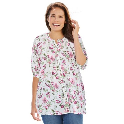 Woman Within Plus Size A-Line Three-Quarter Sleeve Half Placket Blouse