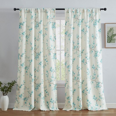 HLC.ME Jasmine Floral Patterned Window Rod Pocket Curtains - Light Blocking Darkening Window Panels, Set of 2
