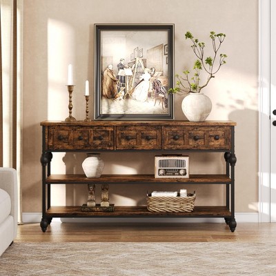 Homhougo 52 Inch Entryway Table, Narrow Long Console Table with Storage, 3 Tier Wood Sofa Table,Hallway Table for Entry Retro color