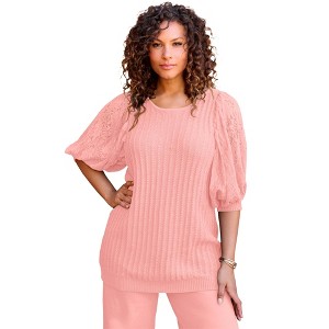 Roaman's Women's Plus Size Lace Sleeve Sweater - 1 of 4