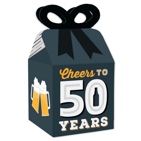 Big Dot of Happiness - Cheers and Beers to 50 Years - Square Favor Gift Boxes - 50th Birthday Party Bow Boxes - Set of 12