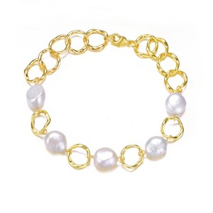 Guili White and Gold Sterling Silver Bracelet Adorned with Genuine Freshwater Pearls and Cubic Zirconia Accents for an Elegant and Feminine Touch. - 1 of 3