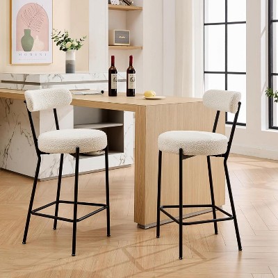 27” Boucle Counter Stools, Upholstered Bar Chairs with Backrest and Metal Legs for Kitchen Island