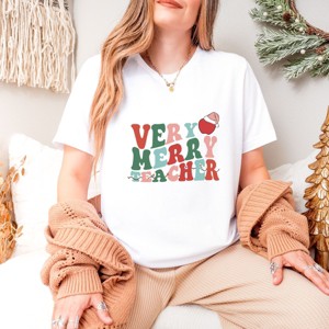 Simply Sage Market Very Merry Teacher Wavy Short Sleeve Tee - XS - White - 1 of 4