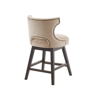 Elegant Beige Fabric and Dark Coffee Wood Swivel Counter Stool