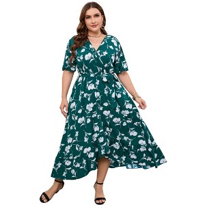 Plus Size dress Women's Plus Size Floral Summer Dress Casual Wrap V Neck A Line Ruffle Belted Dress - 1 of 4