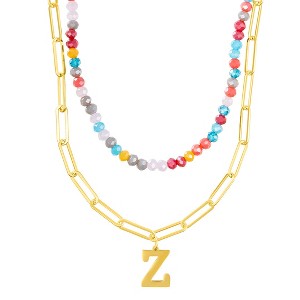 Adornia 14k Gold Plated Adjustable Layered Color Beads and Paperclip Chain Initial Necklace - 1 of 3