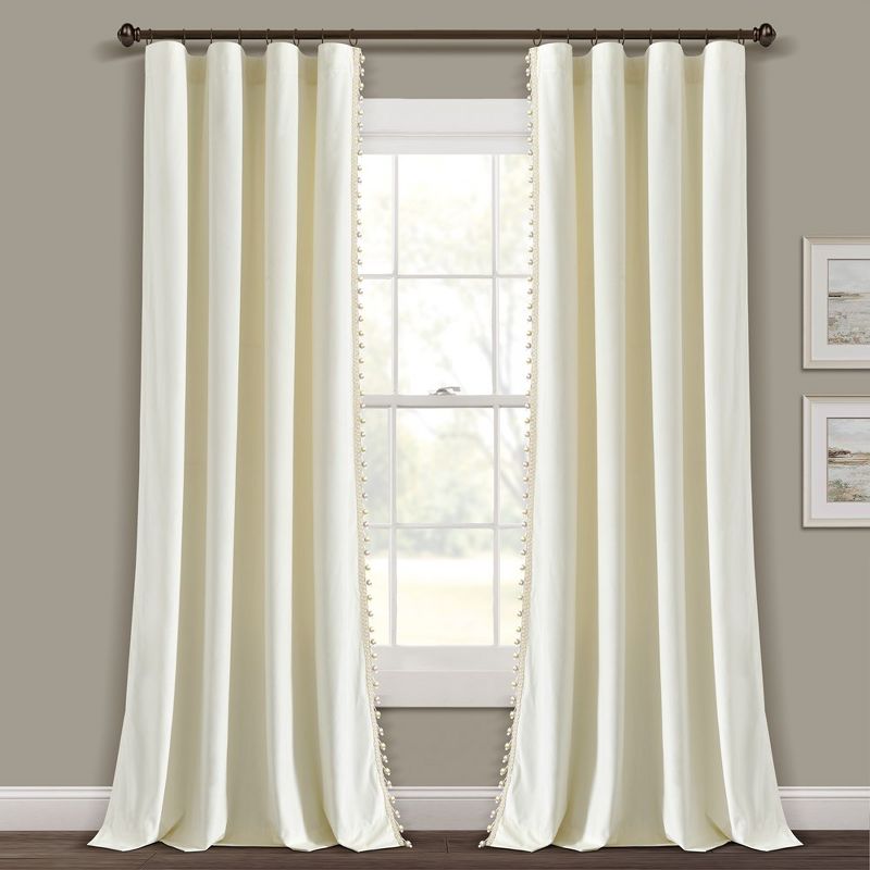Luxury Vintage Velvet With Silky Pompom Trim Light Filtering Window Curtain Panel Ivory Single 52X84, 3 of 6
