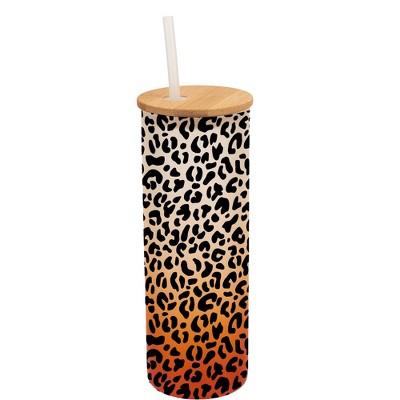 Elanze Designs Cheetah Animal Print Wrap-Around Design 25 Ounce Frosted Gradient Glass On-The-Go Coffee Travel Skinny Tumbler Mug Cup, Bamboo Lid and